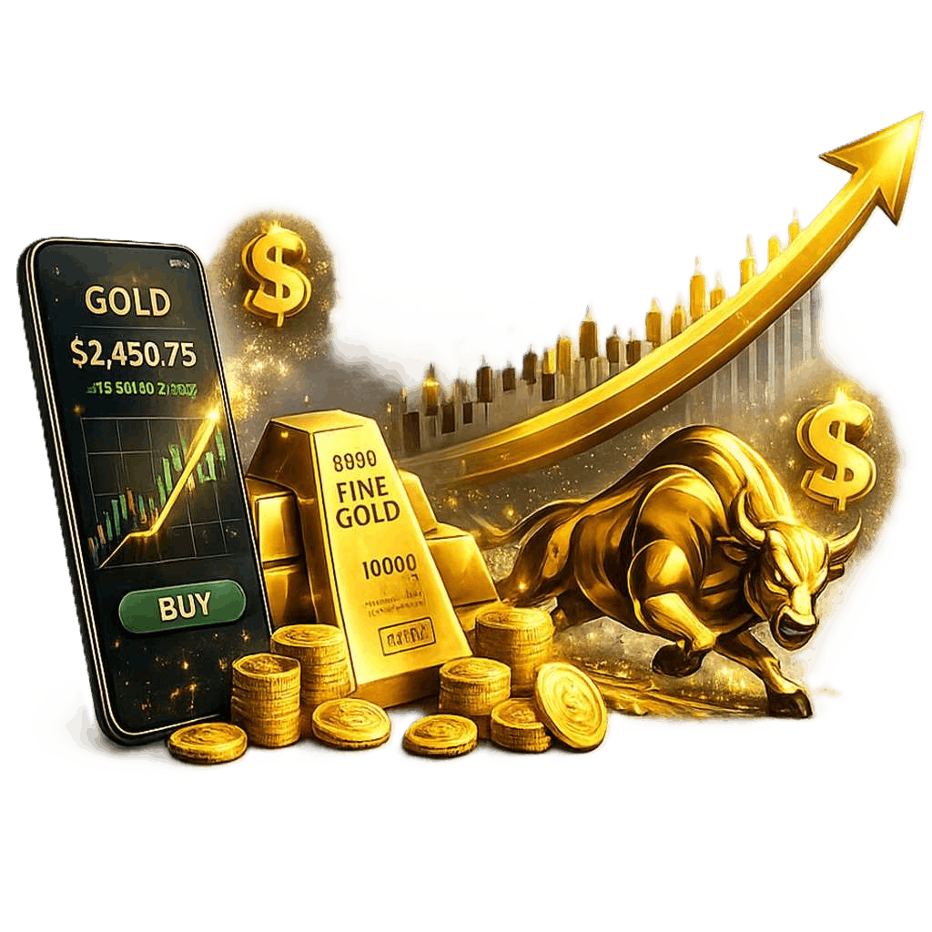Gold trading illustration showing rising charts and gold bars